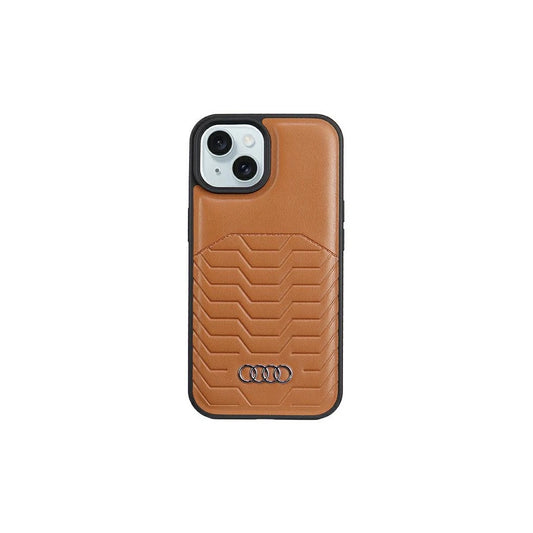 Audi Szintetikus Bőr MagSafe iPhone 15 Plus / 14 Plus 6.7" készülékhez kemény tok barna AU-TPUPCMIP15M-GT -  iPhone 14 Plus/15Plus tok a Domshop kínálatából