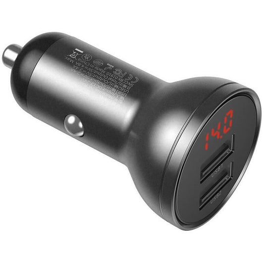 Autós töltő, Szivargyújtós töltő, 24W, 2 x USB aljzat, gyorstöltés, LED kijelzővel, Baseus CCBX-0G, szürke -  Autós töltő a Domshop kínálatából