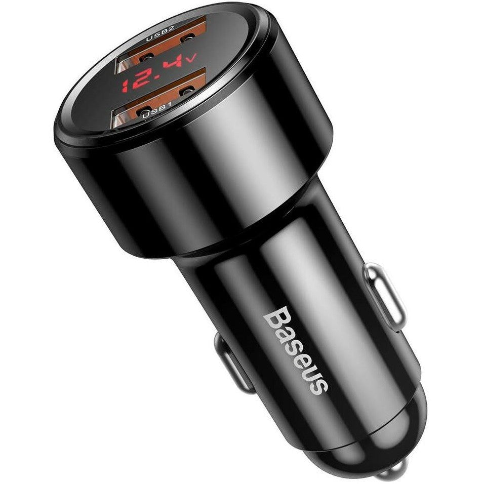 Autós töltő, Szivargyújtós töltő, 45W, 2 x USB aljzat, gyorstöltés, QC 3.0, LED kijelzővel, Baseus Magic CCML20A-01, fekete -  Autós töltő a Domshop kínálatából