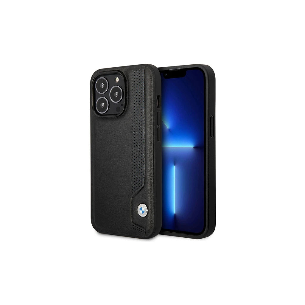 BMW BMHCP14X22RBDK kemény tok iPhone 14 Pro Max 6.7" készülékhez Leather Blue Dots fekete -  iPhone 14 Pro Max tok a Domshop kínálatából