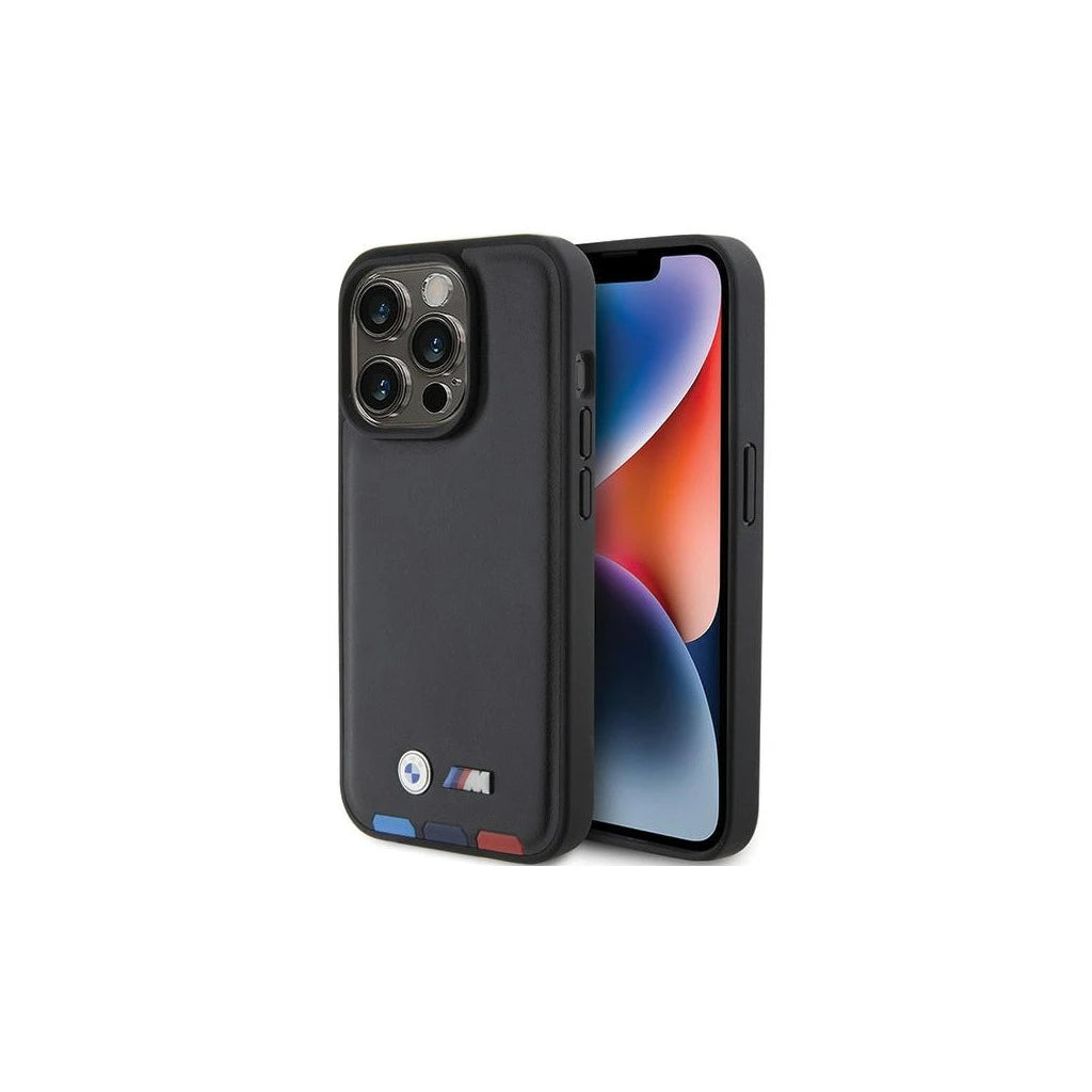 BMW BMHCP15L22PTDK iPhone 15 Pro 6.1 készülékhez Leather Stamp tok Tricolor fekete -  iPhone 15 Pro tok a Domshop kínálatából