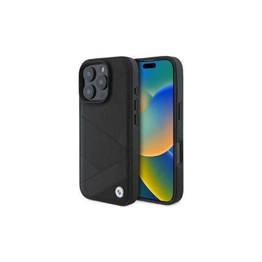 BMW BMHCP16L23RCGPK iPhone 16 Pro készülékhez 6.3" kemény tok Sign Leather Crossing Lines Pattern fekete -  iPhone 16 Pro tok a Domshop kínálatából