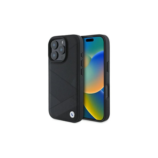 BMW BMHCP16X23RCGPK iPhone 16 Pro Max 6.9" készülékhez kemény tok Sign Leather Crossing Lines Patt fekete -  iPhone 16 Pro Max tok a Domshop kínálatából