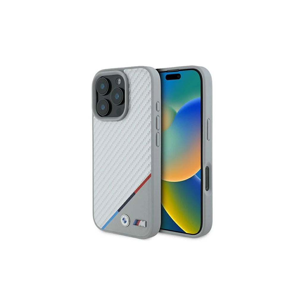 BMW BMHMP16L23PUDTS iPhone 16 Pro 6,3" készülékhez keménytok M Carbon Tricolor Line MagSafe szürke -  iPhone 16 Pro tok a Domshop kínálatából