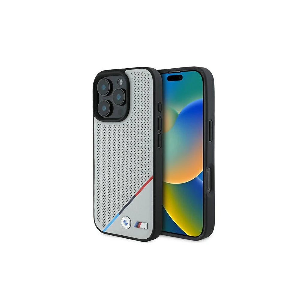 BMW BMHMP16L23PUPDG iPhone 16 Pro 6.3" készülékhez kemény tok M Perforated Tricolor Line MagSafe szürke -  iPhone 16 Pro tok a Domshop kínálatából