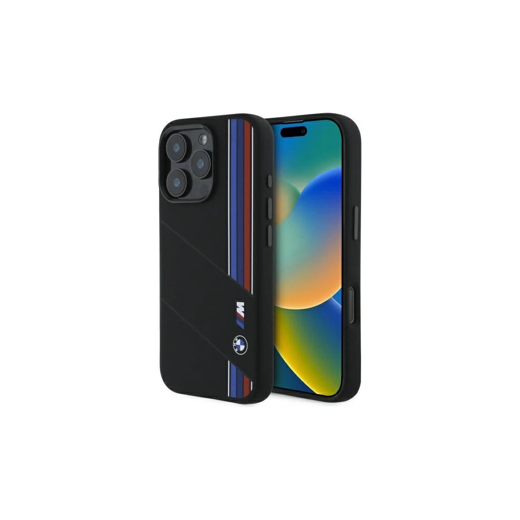 BMW BMHMP16X23SCUK iPhone 16 Pro Max 6.9" készülékhez kemény tok Silicone Cut Tricolor Lines MagSafe fekete -  iPhone 16 Pro Max tok a Domshop kínálatából