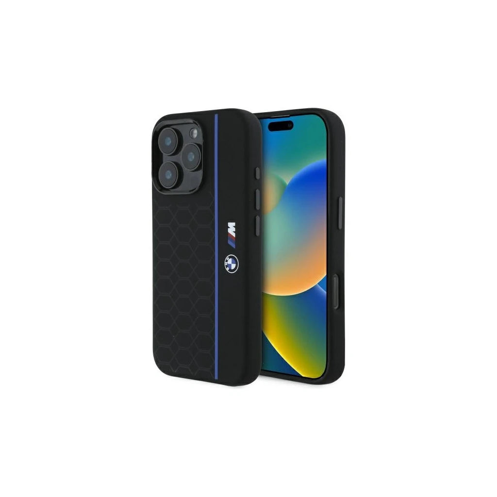 BMW BMHMP16X23SHEB iPhone 16 Pro Max 6.9" készülékhez keménytok Silicone Hexagon Blue Line MagSafe fekete -  iPhone 16 Pro Max tok a Domshop kínálatából