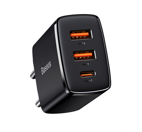 Baseus Compact gyorstöltő adapter 30W USB-C + 2XUSB-A, fekete -  Adapter a Domshop kínálatából