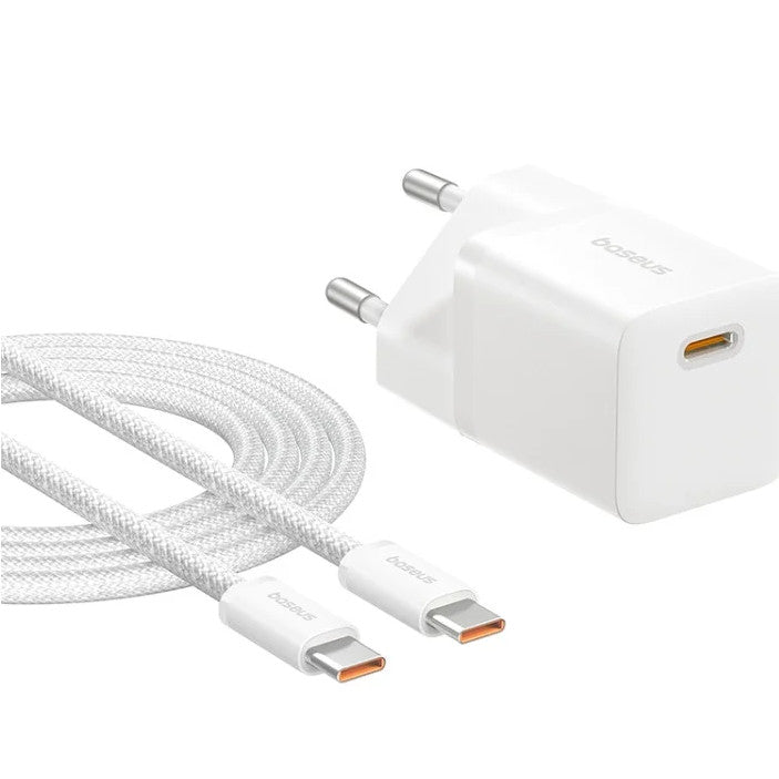 Baseus GaN5 Mini USB-C hálózati gyorstöltő adapter 25W, + USB-C-USB-C fonott kábel, 100W, fekete -  Adapter a Domshop kínálatából