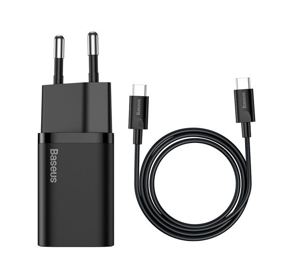 Baseus Super-Si gyorstöltő adapter USB-C / USB-C kábellel, 25W, fekete -  Adapter a Domshop kínálatából