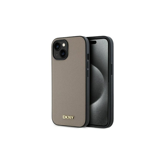DKNY DKHMP15SPGHLME iPhone 15 6.1" készülékhez kemény tok Grained Metal Logo MagSafe bézs -  iPhone 15 tok a Domshop kínálatából