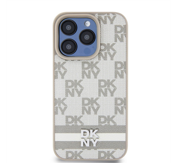 DKNY PU Leather Checkered Pattern and Stripe Apple iPhone 15 Pro tok, bézs -  iPhone 15 Pro tok a Domshop kínálatából