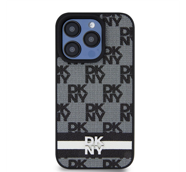 DKNY PU Leather Checkered Pattern and Stripe iPhone 13 Pro hátlap tok, fekete -  iPhone 13 Pro tok a Domshop kínálatából