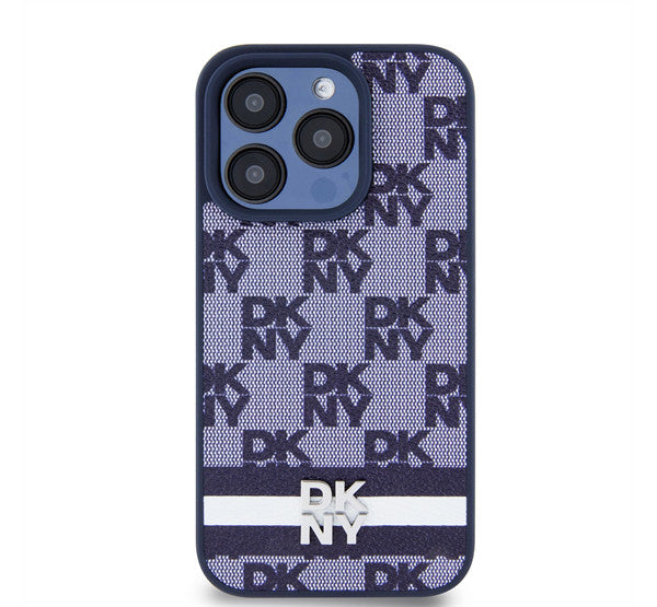 DKNY PU Leather Checkered Pattern and Stripe iPhone 15 Pro Max hátlap tok, kék -  iPhone 15 Pro Max tok a Domshop kínálatából