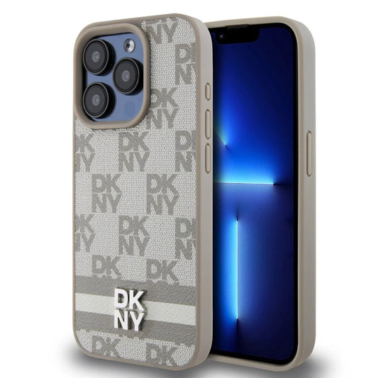 DKNY PU Leather Checkered Pattern and Stripe tok iPhone 13 Pro Max készülékhez bézs -  iPhone 13 Pro Max tok a Domshop kínálatából