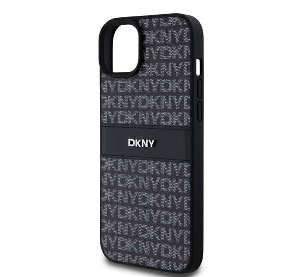 DKNY PU Leather Repeat Pattern Tonal Stripe Apple iPhone 15 Plus hátlap tok, fekete -  iPhone 15 Plus tok a Domshop kínálatából