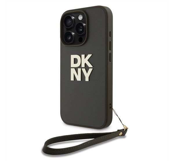 DKNY PU Leather Stack Logo iPhone 16 Pro tok csuklópánttal, zöld -  iPhone 16 Pro tok a Domshop kínálatából