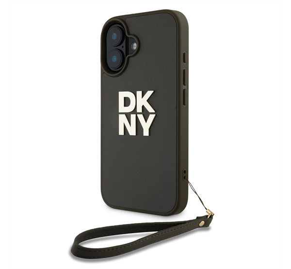 DKNY PU Leather Stack Logo iPhone 16 tok csuklópánttal, zöld -  iPhone 16 tok a Domshop kínálatából