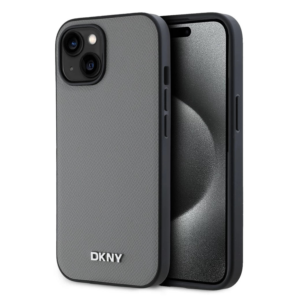 DKNY PU bőr ezüst fém logó Magsafe tok iPhone 15 készülékhez szürke -  iPhone 15 tok a Domshop kínálatából