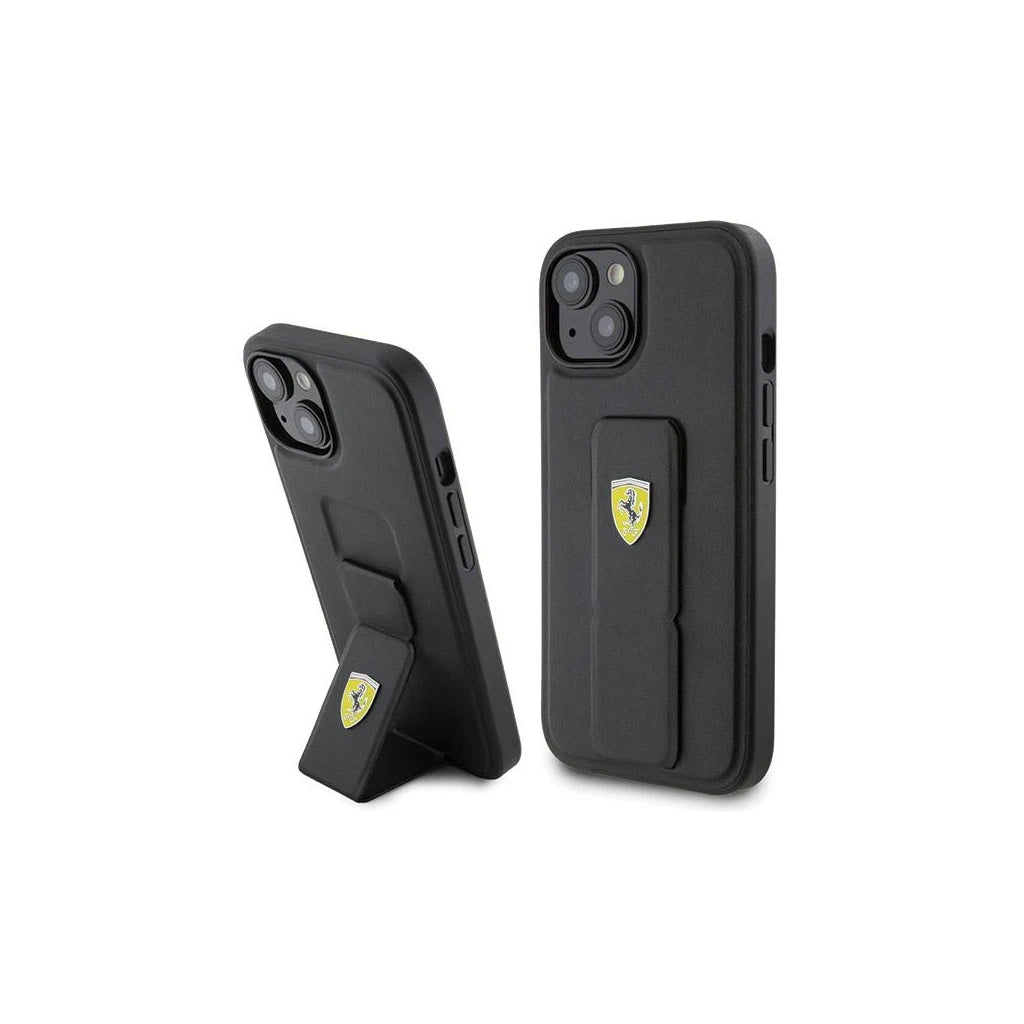 Ferrari FEHCP15SGSPSIK iPhone 15 / 14 / 13 6.1" készülékhez kemény tok Grip Stand Metal Logo fekete -  iPhone 13/14/15 tok a Domshop kínálatából