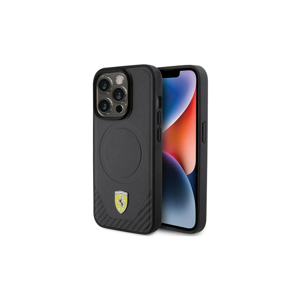 Ferrari FEHMP15LPTEK iPhone 15 Pro készülékhez 6.1" Carbon Metal Logo MagSafe fekete kemény tok -  iPhone 15 Pro tok a Domshop kínálatából