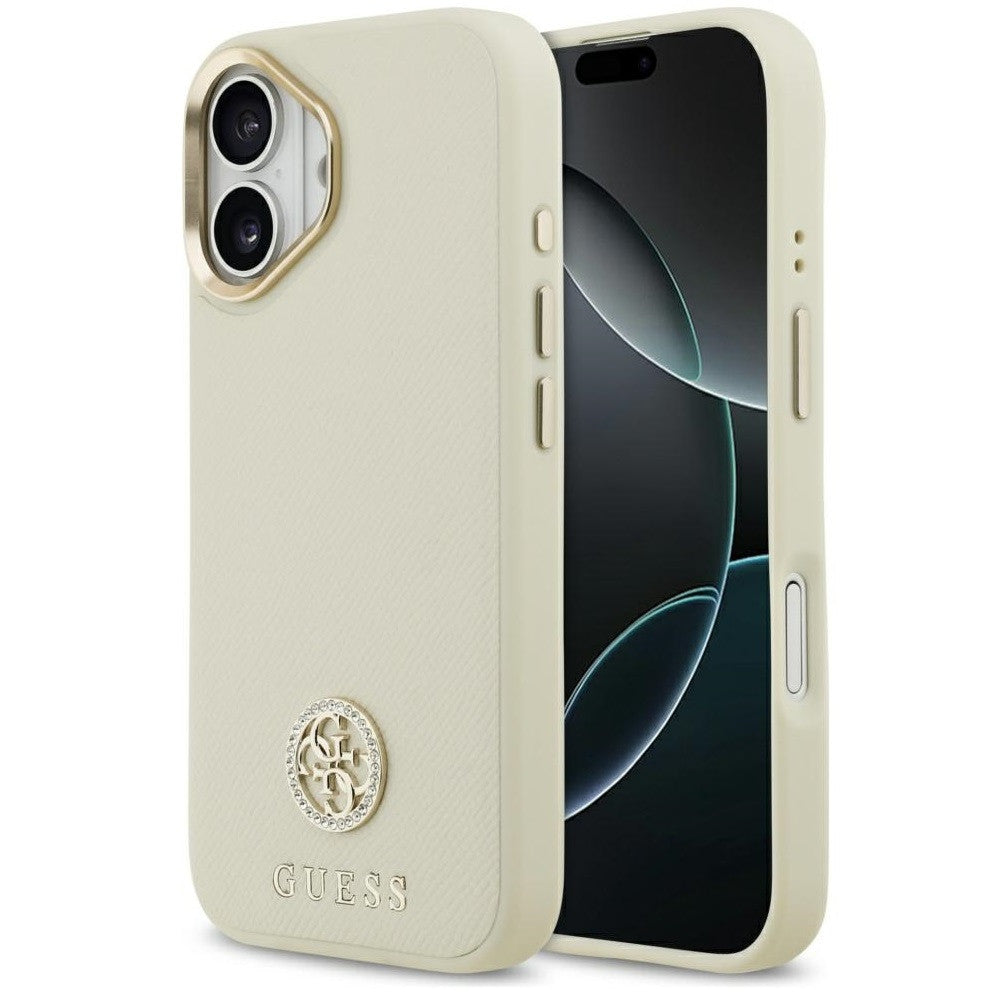 Guess 4G Grained Strass Logo Apple iPhone 17 MagSafe tok kameravédő peremmel, bézs-arany -  iPhone 17 tok a Domshop kínálatából