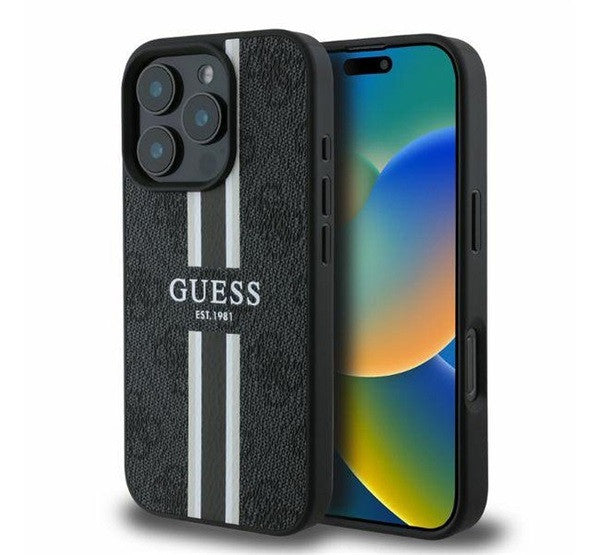 Guess 4G Printed Stripes MagSafe Apple iPhone 16 Pro Max hátlap tok, fekete/barna GUHMP16XP4RPSK -  iPhone 16 Pro Max tok a Domshop kínálatából