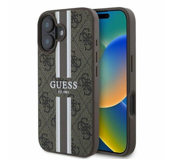 Guess 4G Printed Stripes MagSafe Apple iPhone 16 hátlap tok, barna GUHMP16SP4RPSW -  iPhone 16 tok a Domshop kínálatából