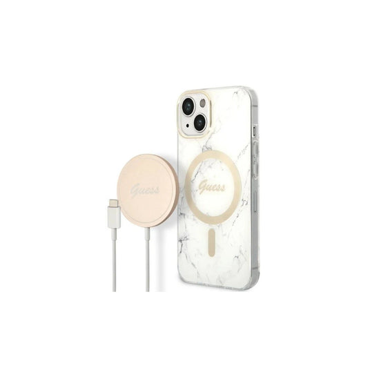 Guess GUBPP14SHMEACSH tok+töltő szett iPhone 13/14/15 6,1" készülékhez Marble kemény tok MagS fehér -  iPhone 13/14/15 tok a Domshop kínálatából