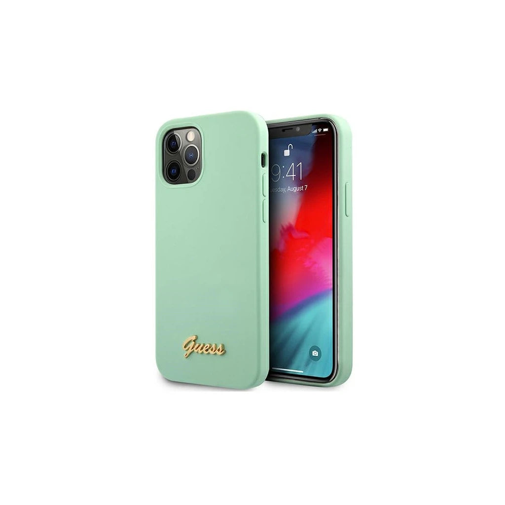 Guess GUHCP12LLSLMGGN iPhone 12 Pro Max készülékhez kemény tok Metal Logo Script zöld -  iPhone 12 Pro Max tok a Domshop kínálatából
