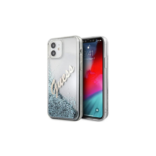 Guess GUHCP12SGLVSBL iPhone 12 mini 5,4" készülékhez merev tok Glitter Vintage Script kék -  iPhone 12 Mini tok a Domshop kínálatából