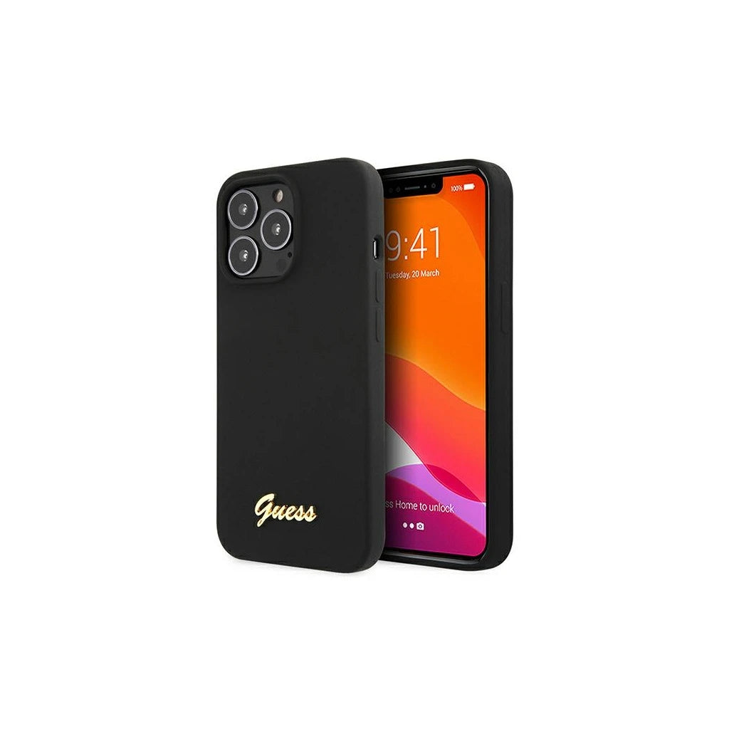 Guess GUHCP13XLSLMGBK iPhone 13 Pro Max 6.7" készülékhez kemény tok Silicone Script Gold Logo fekete -  iPhone 13 Pro Max tok a Domshop kínálatából
