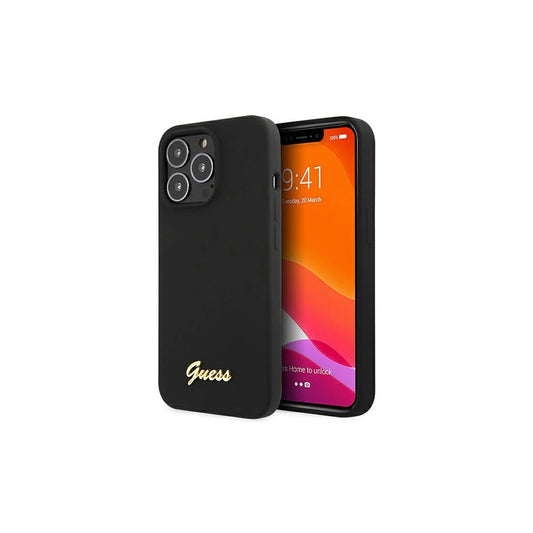 Guess GUHCP13XLSLMGBK iPhone 13 Pro Max 6.7" készülékhez kemény tok Silicone Script Gold Logo fekete -  iPhone 13 Pro Max tok a Domshop kínálatából