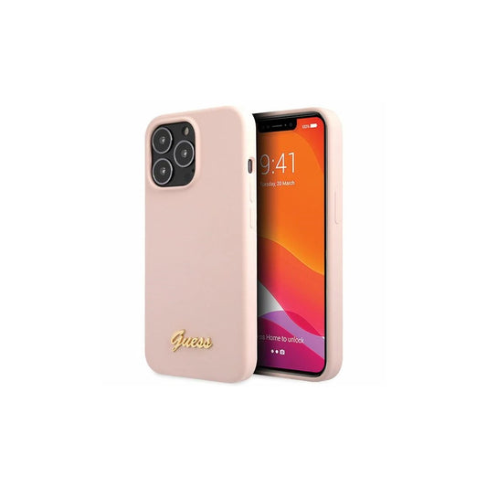 Guess GUHCP13XLSLMGLP iPhone 13 Pro Max készülékhez kemény tok Silicone Script Gold Log világos rózsaszín -  iPhone 13 Pro Max tok a Domshop kínálatából