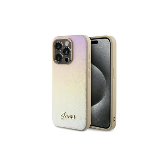 Guess GUHCP14LPSAIRSD iPhone 14 Pro 6.1 készülékhez kemény tok Saffiano Iridescent Script arany -  iPhone 14 Pro tok a Domshop kínálatából
