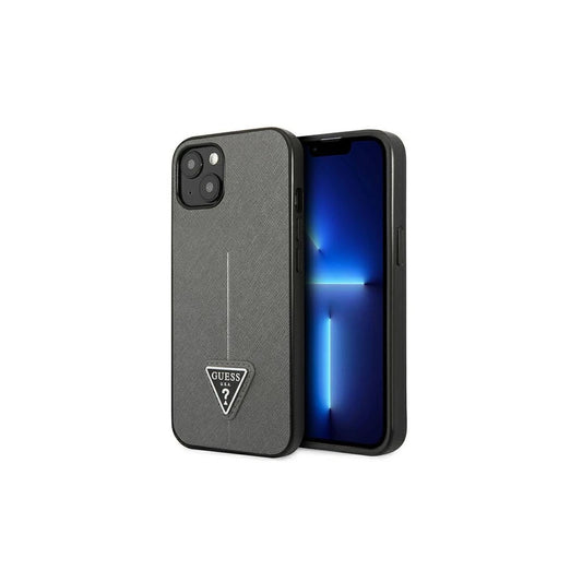 Guess GUHCP14SPSATLG iPhone 14 / 15 / 13 6.1" készülékhez kemény tok SaffianoTriangle Logo ezüst -  iPhone 13/14/15 tok a Domshop kínálatából