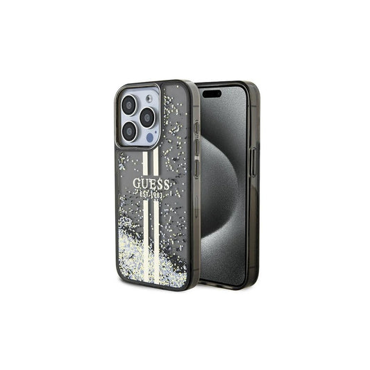 Guess GUHCP15LLFCSEGK iPhone 15 Pro 6.1 készülékhez merev tok Liquid Glitter Gold Stripes fekete -  iPhone 15 Pro tok a Domshop kínálatából