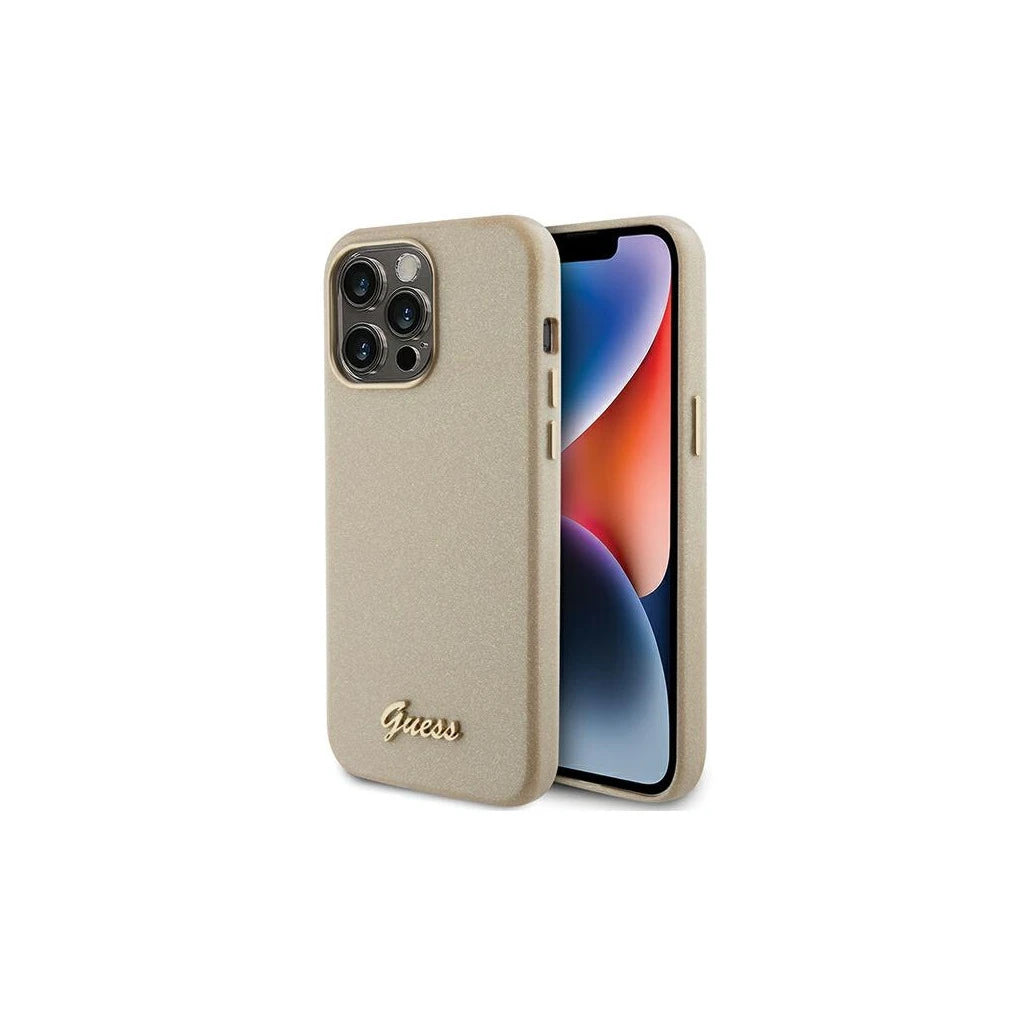Guess GUHCP15LPGMCSD iPhone 15 Pro 6.1 készülékhez kemény tok Glitter Glossy Script világos arany -  iPhone 15 Pro tok a Domshop kínálatából