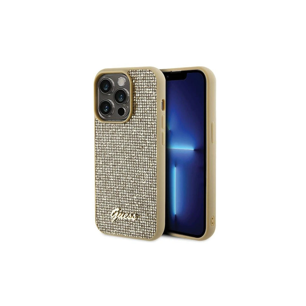 Guess GUHCP15LPMSDGSD iPhone 15 Pro 6.1 készülékhez kemény tok Disco Metal Script arany -  iPhone 15 Pro tok a Domshop kínálatából