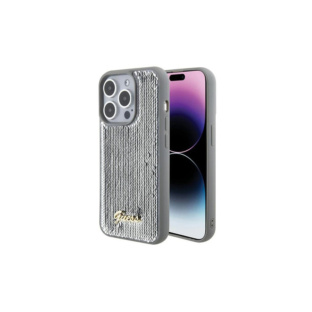 Guess GUHCP15LPSFDGSS iPhone 15 Pro 6.1 készülékhez kemény tok Sequin Script Metal ezüst -  iPhone 15 Pro tok a Domshop kínálatából