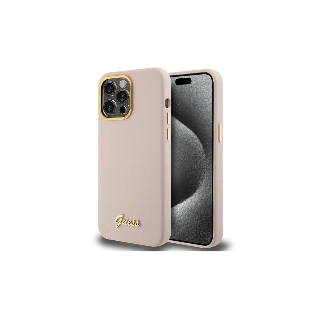 Guess GUHCP15LSMBSLP iPhone 15 Pro 6.1 készülékhez kemény tok Silicone Script Metal Logo & Frame rózsaszín -  iPhone 15 Pro tok a Domshop kínálatából