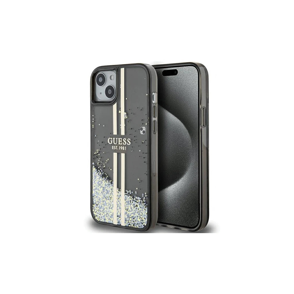 Guess GUHCP15MLFCSEGK iPhone 15 Plus /14 Plus 6.7" készülékhez kemény tok Liquid Glitter Gold Stripes fekete -  iPhone 14 Plus/15Plus tok a Domshop kínálatából