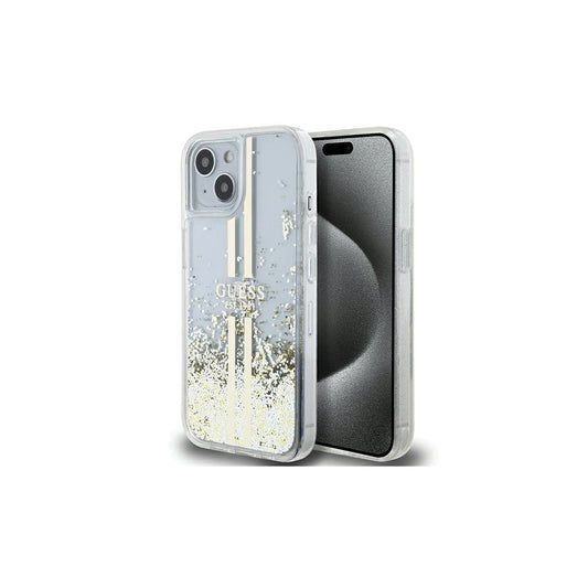Guess GUHCP15MLFCSEGT iPhone 15 Plus / 14 Plus készülékhez 6.7"-os transzparens kemény tok Liquid Glitter arany csíkos -  iPhone 14 Plus/15Plus tok a Domshop kínálatából