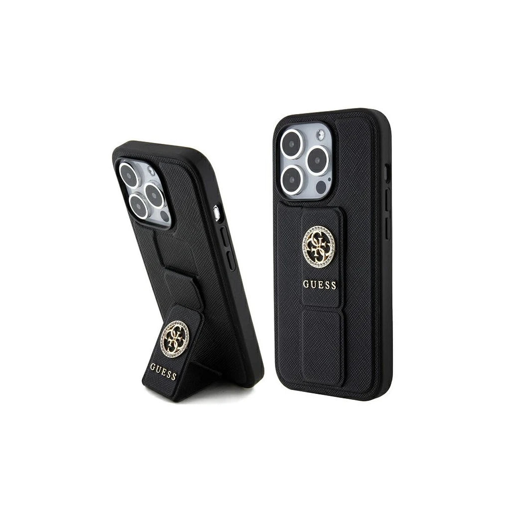 Guess GUHCP15XPGSSADK iPhone 15 Pro Max készülékhez keménytok Grip Stand 4G Saffiano Strass fekete -  iPhone 15 Pro Max tok a Domshop kínálatából