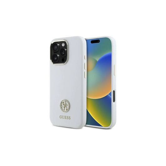Guess GUHCP16LM4DGPH iPhone 16 Pro készülékhez 6.3 hüvelykes kemény tok szilikon Logo Strass 4G fehér -  iPhone 16 Pro tok a Domshop kínálatából