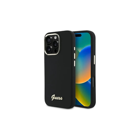 Guess GUHCP16LSMBSLK iPhone 16 Pro készülékhez 6.3" kemény tok Silicone Script Metal Logo & Frame fekete -  iPhone 16 Pro tok a Domshop kínálatából