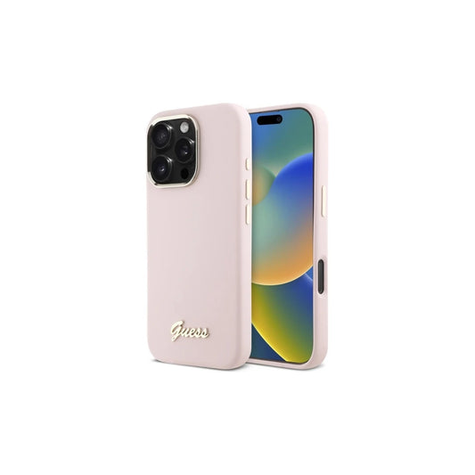 Guess GUHCP16LSMBSLP iPhone 16 Pro 6.3 készülékhez rózsaszín kemény tok Silicone Script Metal Logo & Frame -  iPhone 16 Pro tok a Domshop kínálatából