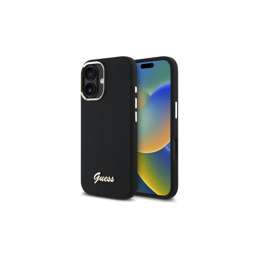 Guess GUHCP16SSMBSLK iPhone 16 6.1 készülékhez kemény tok Silicone Script Metal Logo & Frame fekete -  iPhone 16 tok a Domshop kínálatából