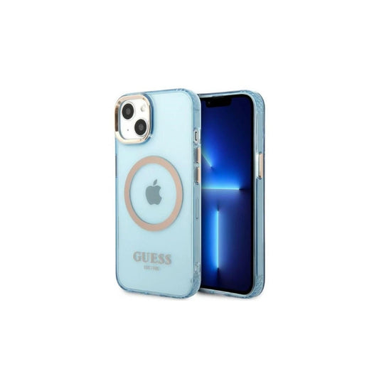 Guess GUHMP13MHTCMB iPhone 13 / 14 / 15 6.1" készülékhez Gold Outline Translucent MagSaf kemény tok kék -  iPhone 13/14/15 tok a Domshop kínálatából