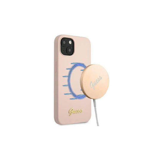 Guess GUHMP13MLSLMGLP iPhone 13 / 14 /15 6,1" készülékhez kemény tok Silicone Script Gold Logo Magsaf világos rózsaszín -  iPhone 13/14 tok a Domshop kínálatából